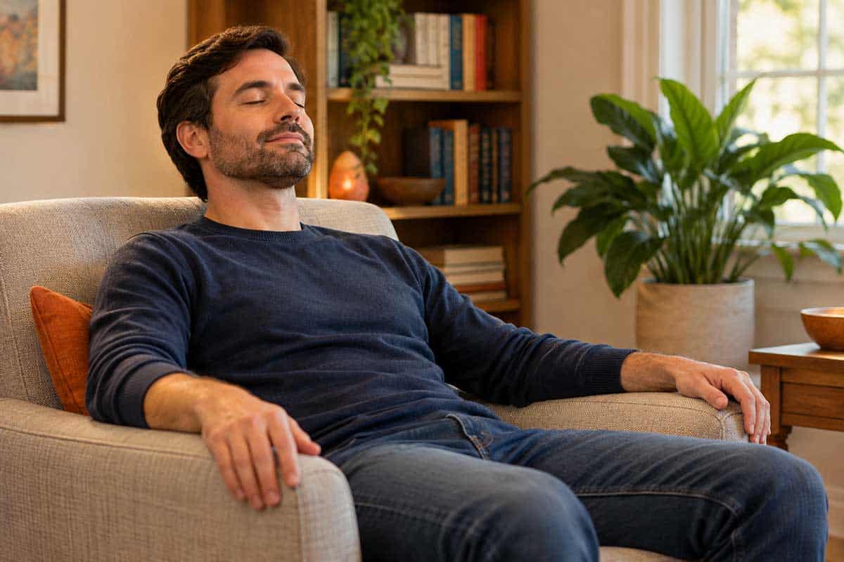 A man in his thirties sitting back in a comfortable armchair with his eyes closed, relaxed, in a warm, homely office.