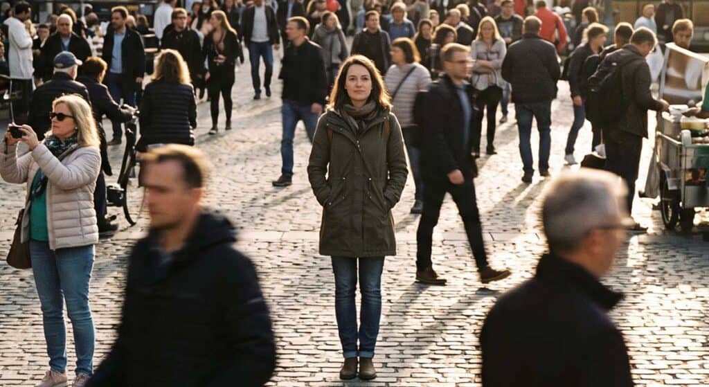 Person standing calmly in a busy public place, illustrating how to overcome the fear of fainting