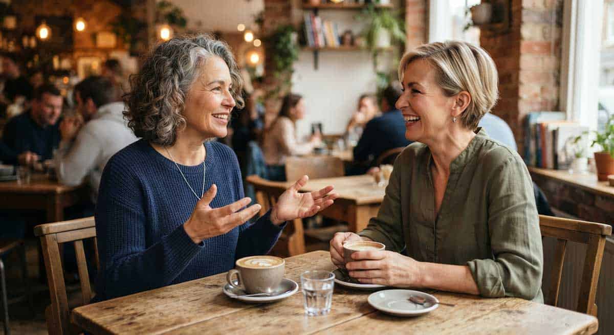 Woman with relaxed shoulders and open hands chatting with a friend over coffee.